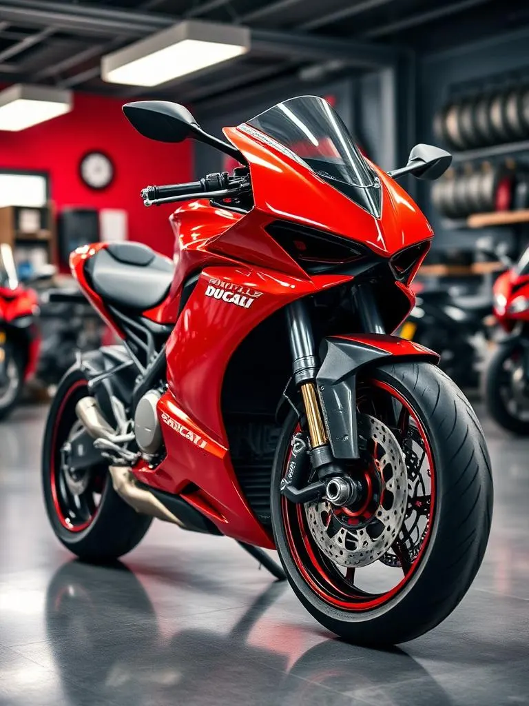 Ducati Panigale motorcycle at GMW Royal Enfield garage