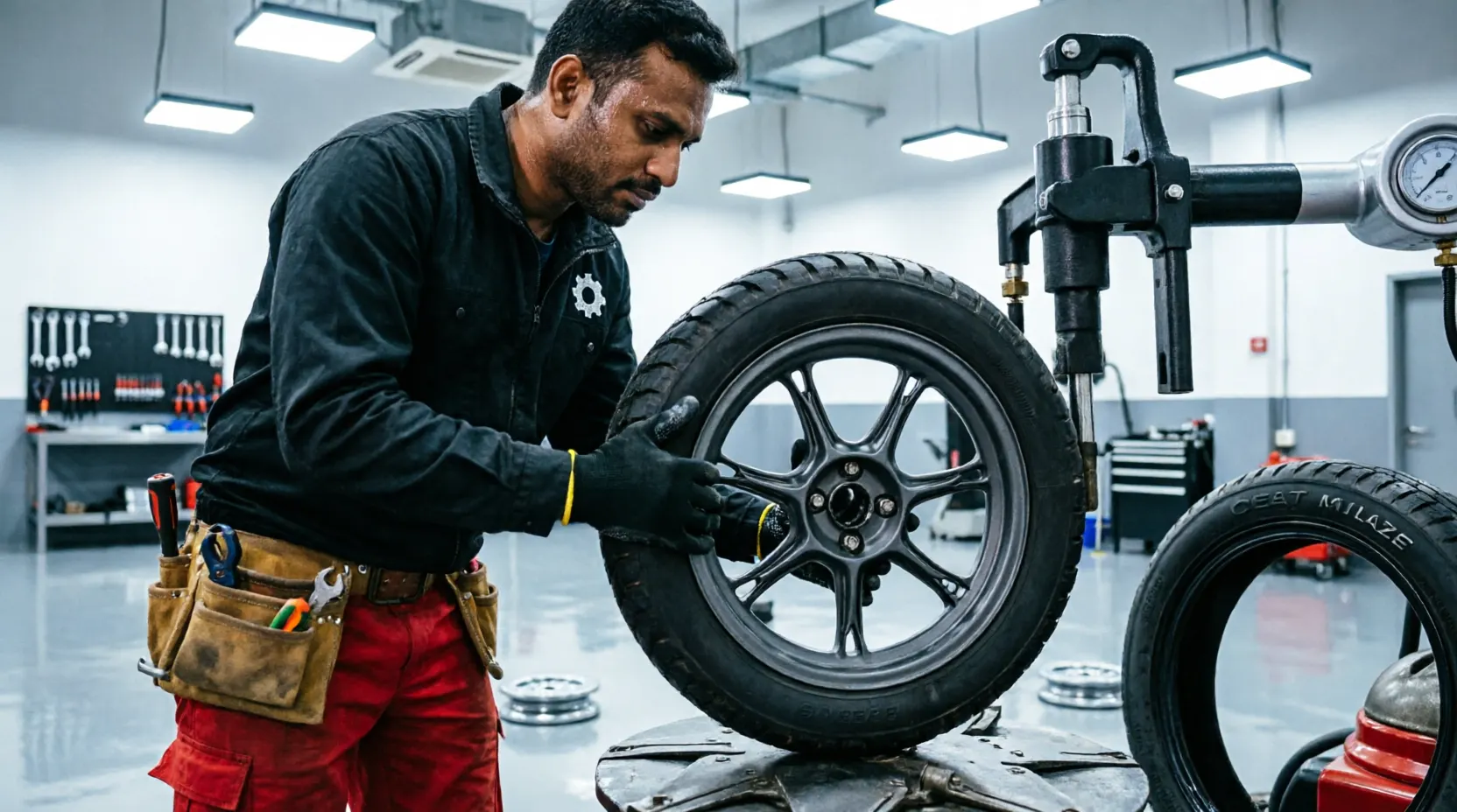 Motorcycle rear wheel, tire, and brake disc during service at GMW Royal Enfield garage