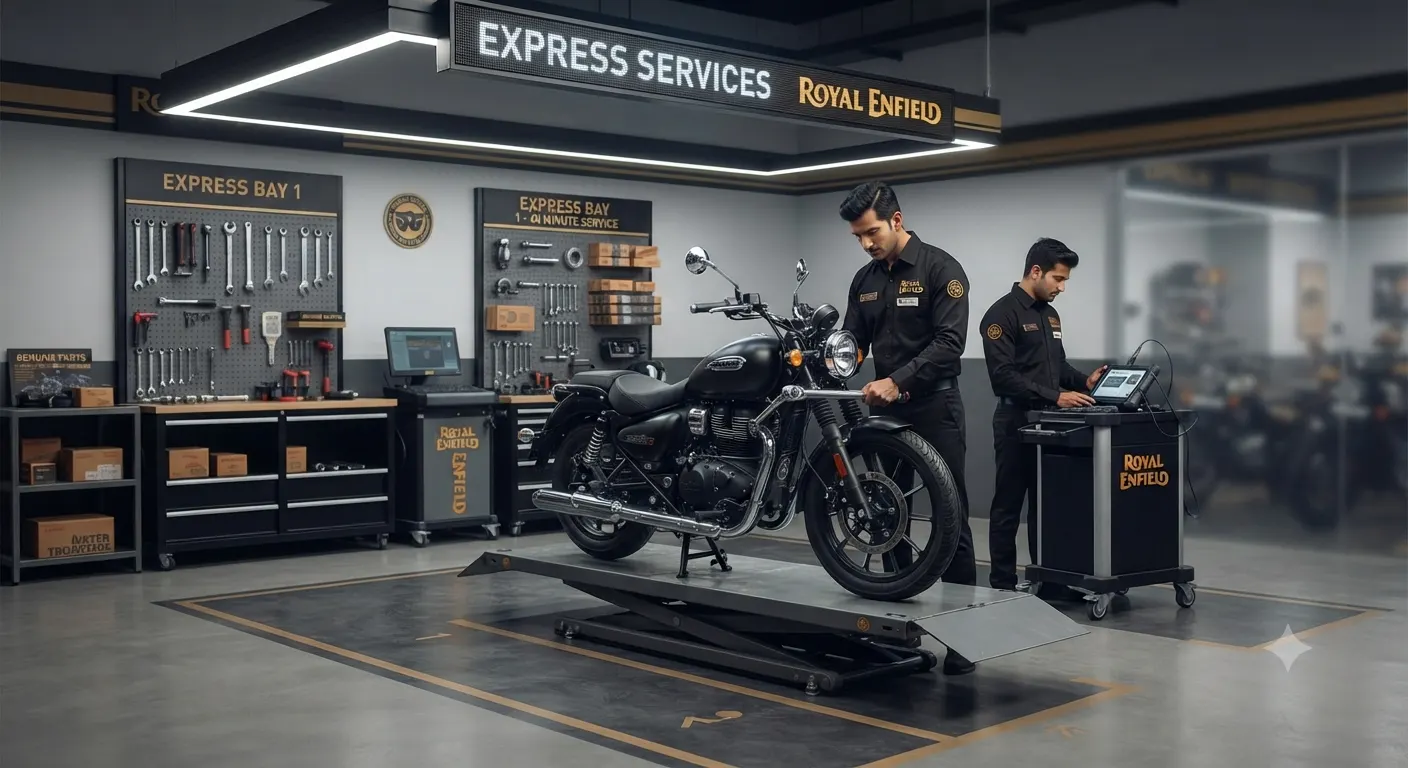 Royal Enfield motorcycle being serviced in the GMW garage